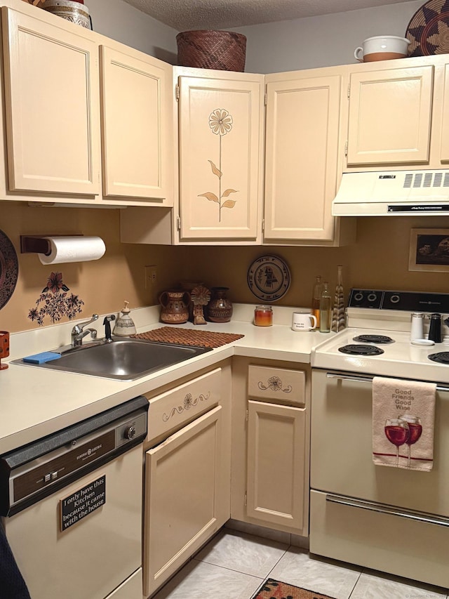 kitchen with sink, white appliances, ventilation hood, and light tile patterned floors