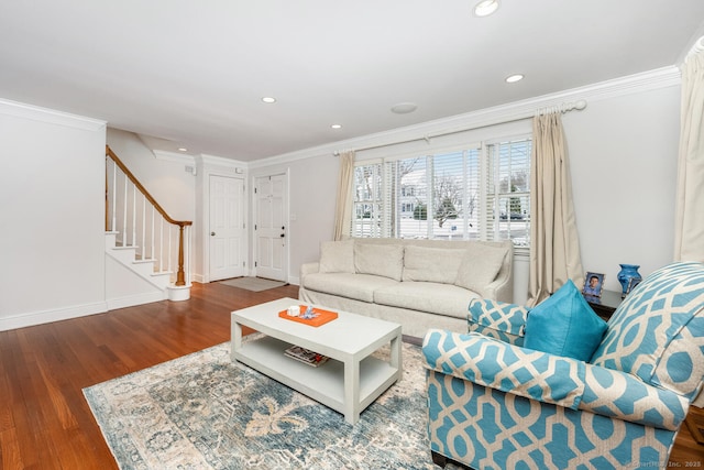 living room featuring crown molding and dark hardwood / wood-style flooring