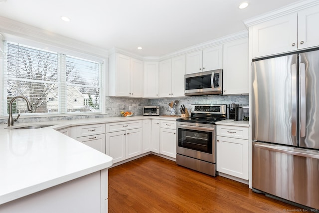 kitchen featuring white cabinetry, appliances with stainless steel finishes, sink, and dark hardwood / wood-style flooring