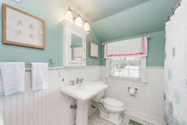 bathroom featuring sink, toilet, and lofted ceiling