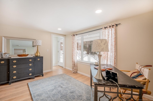 office with recessed lighting, light wood-type flooring, and baseboards