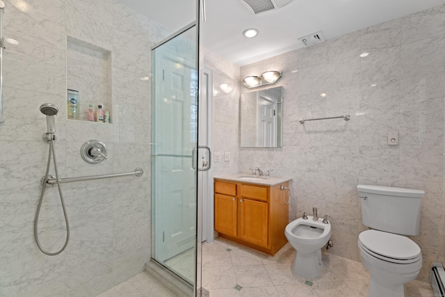 bathroom featuring toilet, vanity, baseboard heating, walk in shower, and a bidet