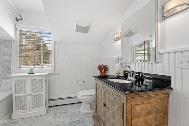 full bathroom featuring toilet, tub / shower combination, vaulted ceiling, a baseboard radiator, and vanity