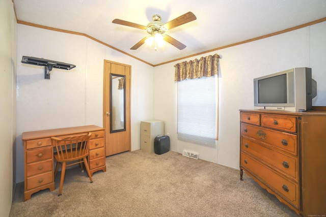 office area with lofted ceiling, carpet, a ceiling fan, and crown molding