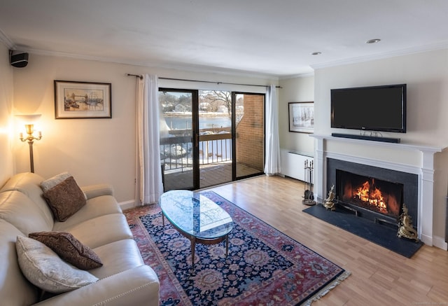 living room with ornamental molding and light hardwood / wood-style flooring