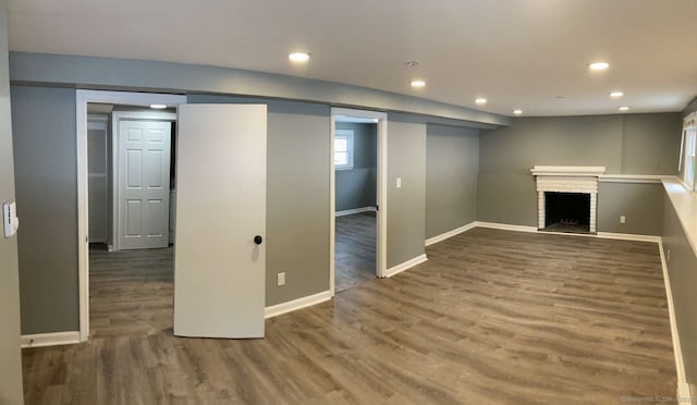 basement with dark wood-type flooring and a fireplace