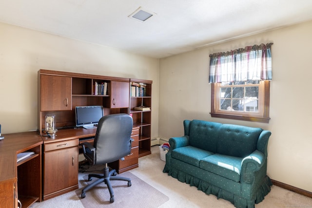 office featuring a baseboard heating unit, light carpet, and baseboards