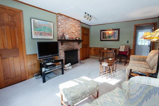 living room featuring a brick fireplace, wood walls, light colored carpet, and ornamental molding