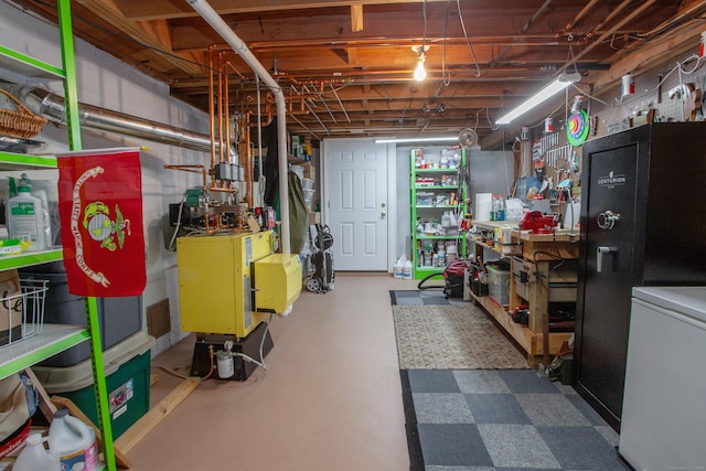 basement with black refrigerator