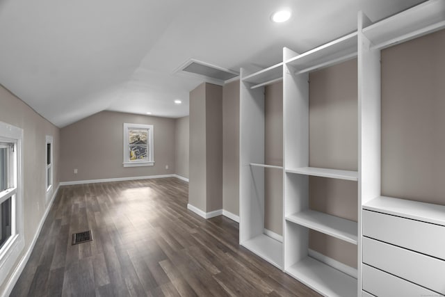 walk in closet with lofted ceiling, visible vents, and dark wood-type flooring