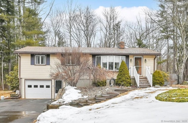 view of front of property featuring a garage, driveway, and a chimney