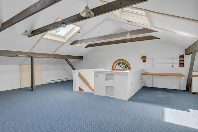 bonus room with a baseboard heating unit, lofted ceiling with skylight, and carpet