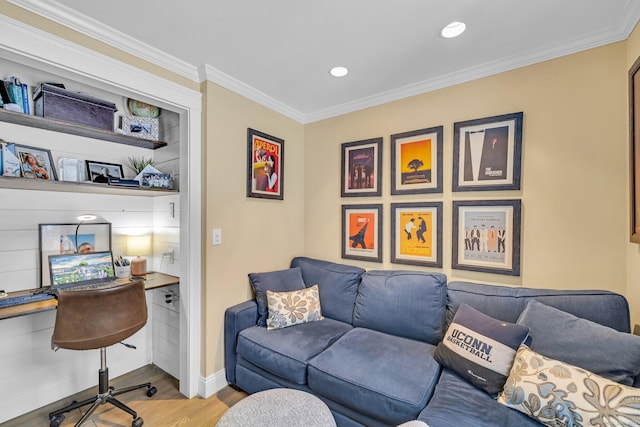 office with ornamental molding, light wood-type flooring, baseboards, and recessed lighting