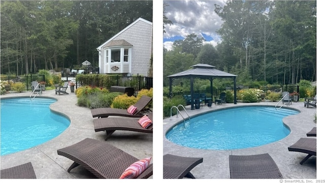 view of pool with a patio area, fence, a fenced in pool, and a gazebo