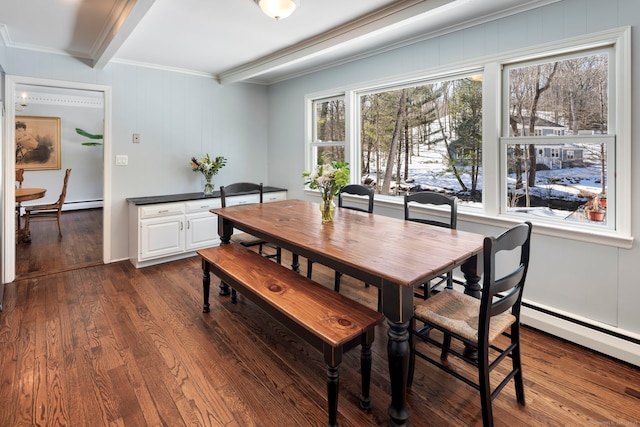 dining room featuring ornamental molding, a baseboard radiator, beam ceiling, and dark wood finished floors