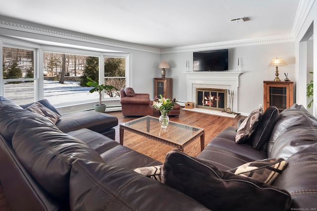 living area featuring a premium fireplace, visible vents, crown molding, and wood finished floors