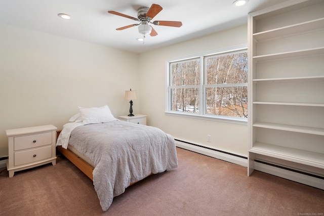 bedroom with ceiling fan, carpet, baseboard heating, a baseboard heating unit, and recessed lighting