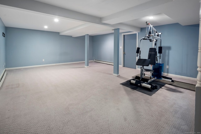 workout area featuring light carpet, baseboards, a baseboard heating unit, and recessed lighting