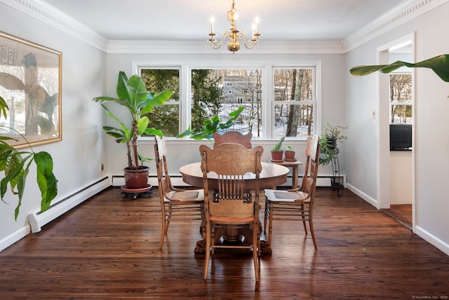 dining area with baseboards, dark wood finished floors, baseboard heating, crown molding, and a notable chandelier