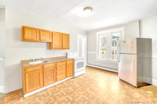 kitchen featuring sink, stainless steel refrigerator, light parquet floors, a baseboard heating unit, and white electric stove