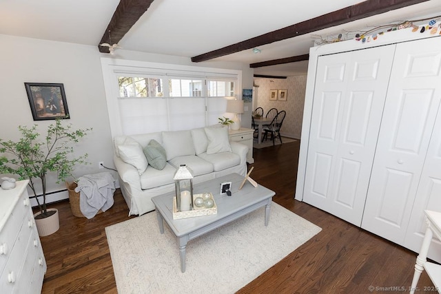 living room with beam ceiling, dark hardwood / wood-style floors, and baseboard heating