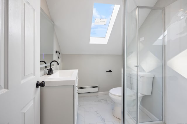 bathroom with vaulted ceiling with skylight, a shower with shower door, a baseboard radiator, vanity, and toilet