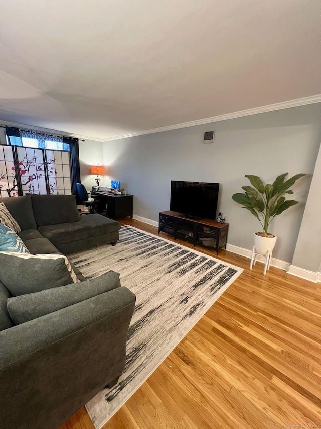 living room featuring crown molding and wood-type flooring