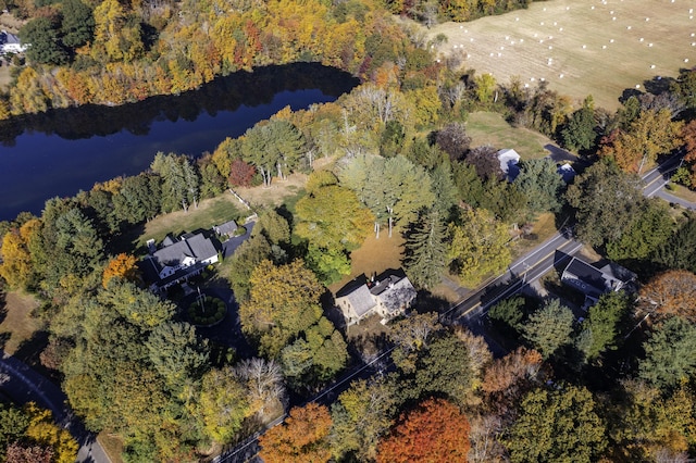 bird's eye view featuring a wooded view and a water view