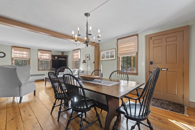 dining space with radiator, light wood-style floors, and plenty of natural light