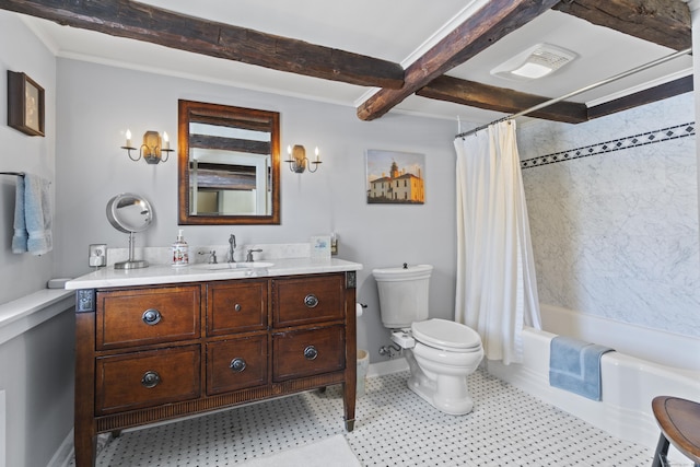 bathroom with vanity, baseboards, shower / bath combination with curtain, beamed ceiling, and toilet