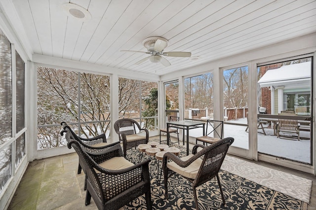 sunroom featuring ceiling fan and wooden ceiling