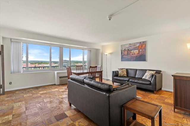 living room with parquet flooring