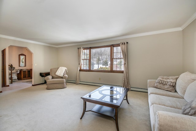 living area with light carpet, arched walkways, a baseboard radiator, ornamental molding, and a baseboard heating unit