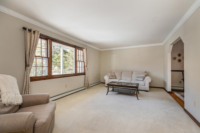 living area featuring a baseboard radiator, light colored carpet, a baseboard heating unit, baseboards, and ornamental molding