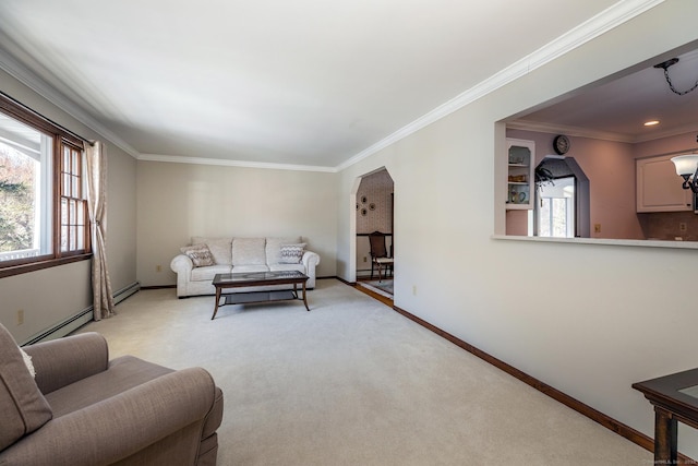 living area featuring light carpet, a baseboard heating unit, crown molding, and baseboards