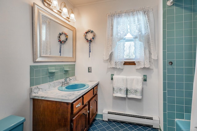 bathroom with a baseboard radiator, bathtub / shower combination, toilet, vanity, and decorative backsplash