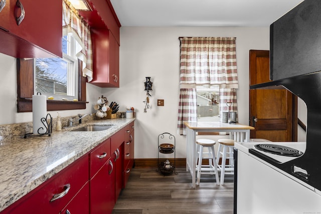 kitchen with dark wood-type flooring, light stone countertops, sink, and electric range