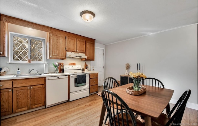 kitchen featuring white appliances, brown cabinets, light countertops, under cabinet range hood, and a sink