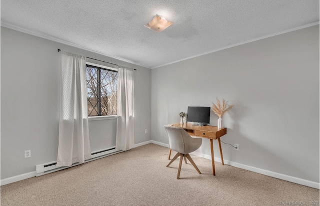 carpeted office space featuring a baseboard heating unit, crown molding, a textured ceiling, and baseboards