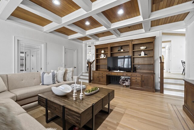 living room featuring recessed lighting, wood ceiling, and stairway