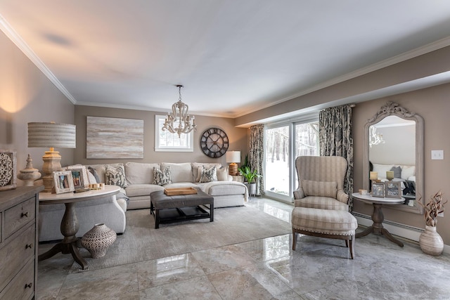 living room featuring ornamental molding, baseboard heating, and a notable chandelier