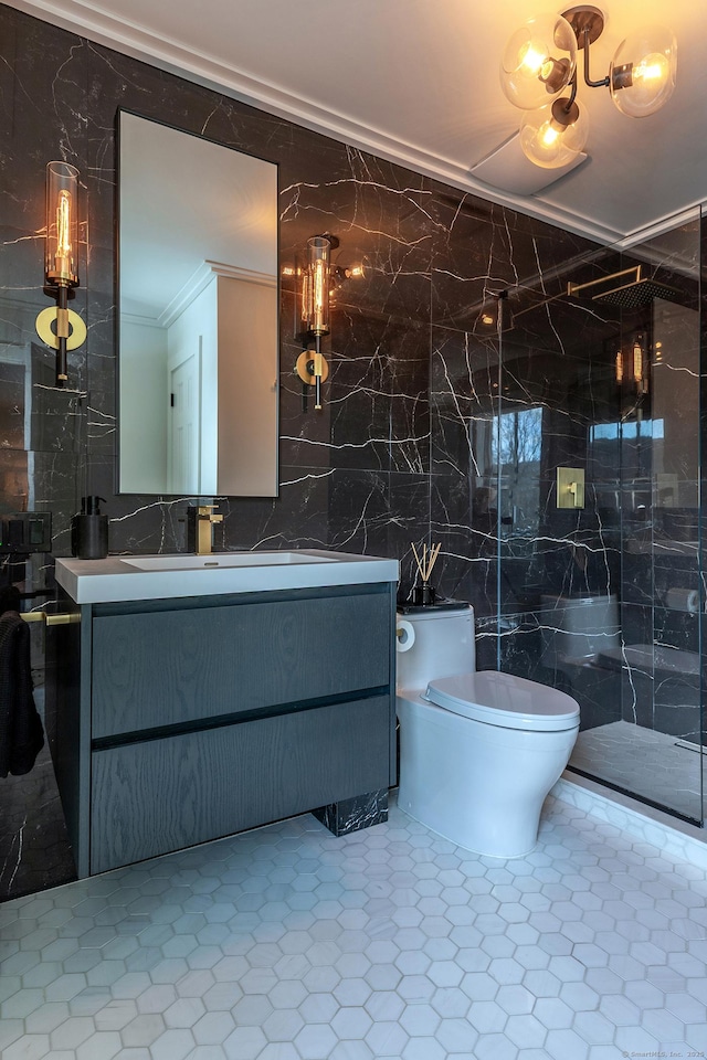 full bathroom featuring crown molding, tile walls, toilet, vanity, and walk in shower