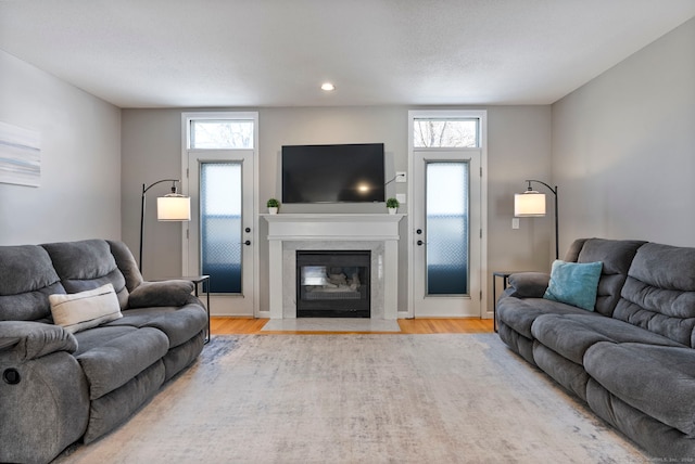 living room featuring a high end fireplace, a healthy amount of sunlight, and light hardwood / wood-style flooring