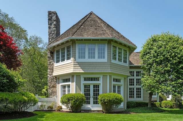 4 Hemlock Rdg, Weston, CT 06883 - rear view of property with a chimney and french doors