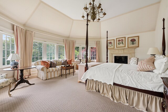 4 Hemlock Rdg, Weston, CT 06883 - carpeted bedroom featuring a chandelier, a fireplace, and ornamental molding
