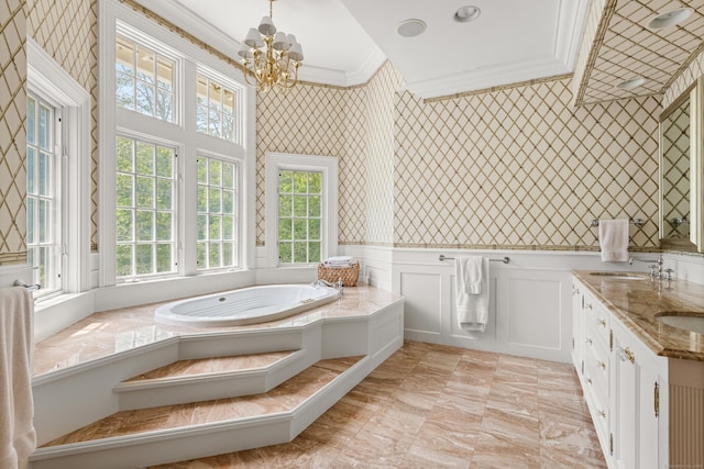 4 Hemlock Rdg, Weston, CT 06883 - bathroom featuring crown molding, wallpapered walls, a garden tub, a decorative wall, and double vanity