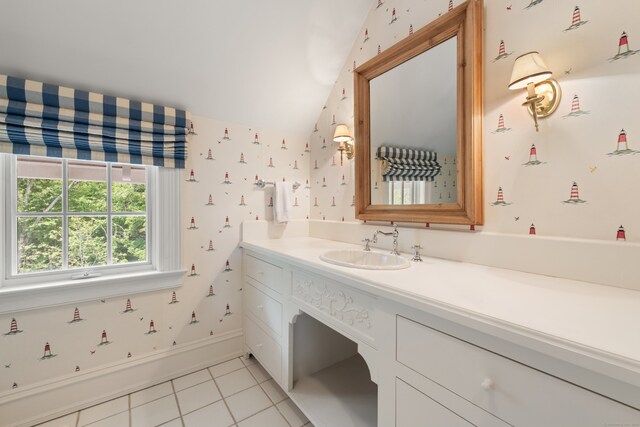 4 Hemlock Rdg, Weston, CT 06883 - bathroom featuring wallpapered walls, tile patterned floors, vaulted ceiling, and vanity
