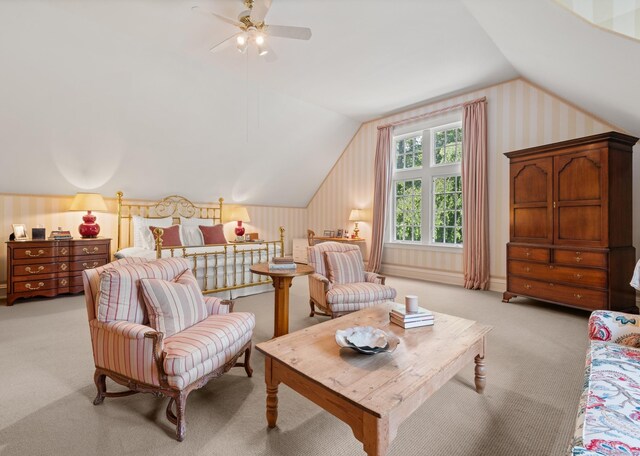 4 Hemlock Rdg, Weston, CT 06883 - bedroom with light carpet, lofted ceiling, and wallpapered walls