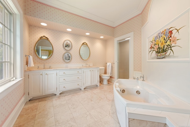 4 Hemlock Rdg, Weston, CT 06883 - full bath with wallpapered walls, ornamental molding, healthy amount of natural light, double vanity, and a jetted tub