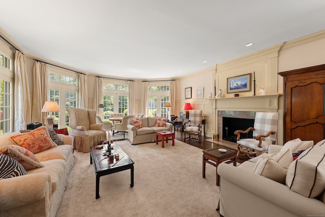 4 Hemlock Rdg, Weston, CT 06883 - living room featuring crown molding and a high end fireplace